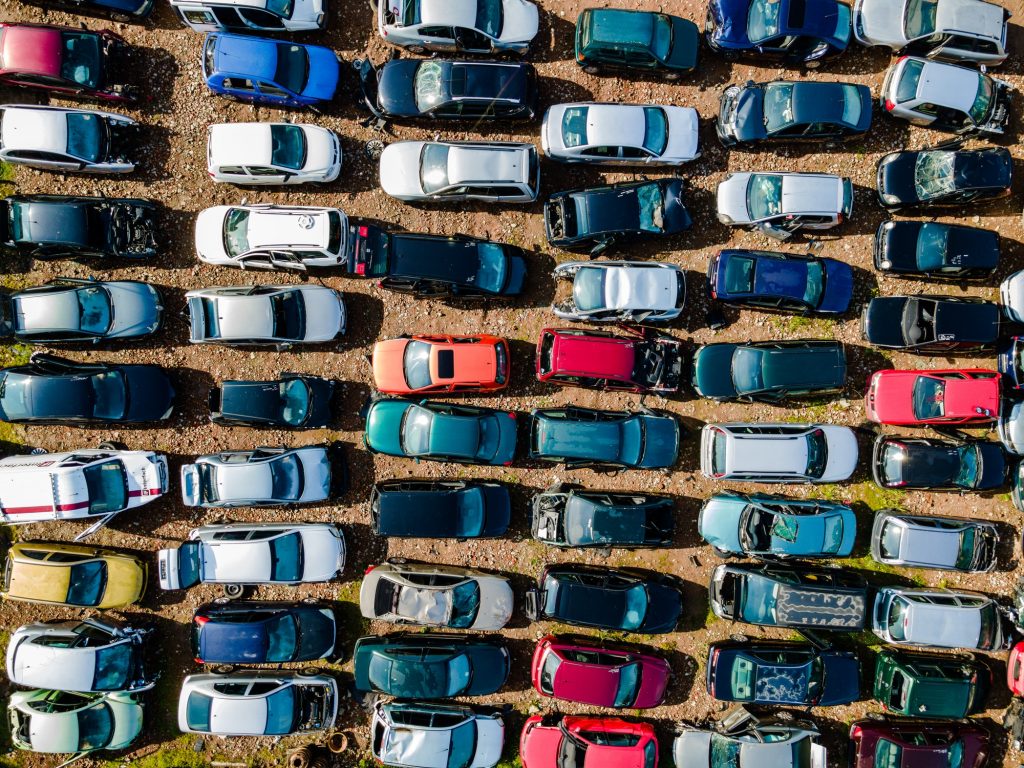 Abandoned Cars in Junkyard. Top Down View. Drone Photo. Vehicle Demolition